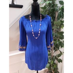 Umgee Women Blue Solid Polyester Scoop-Neck Long Sleeve Knee Length Dress Size S